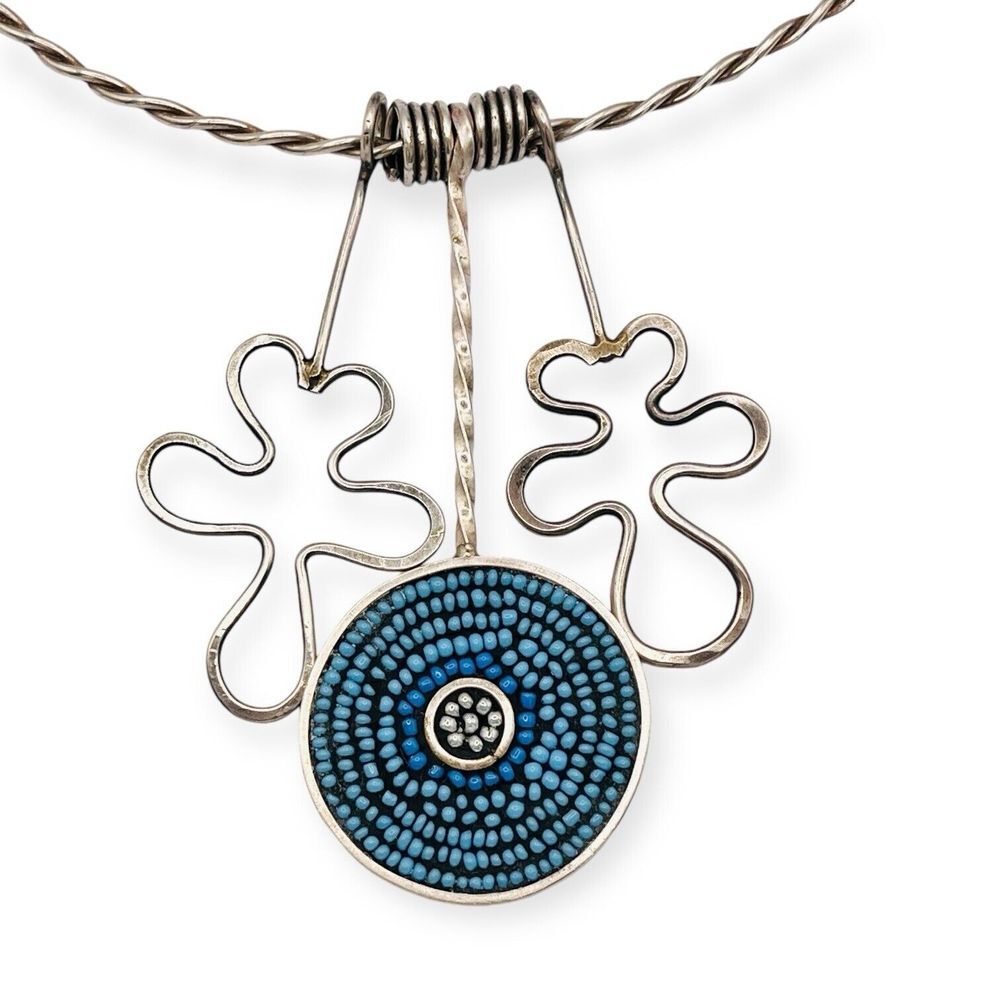 Duffy Brown Blue Evil Eye Pendant Necklace 925 Sterling Silver Seed Bead Choker
